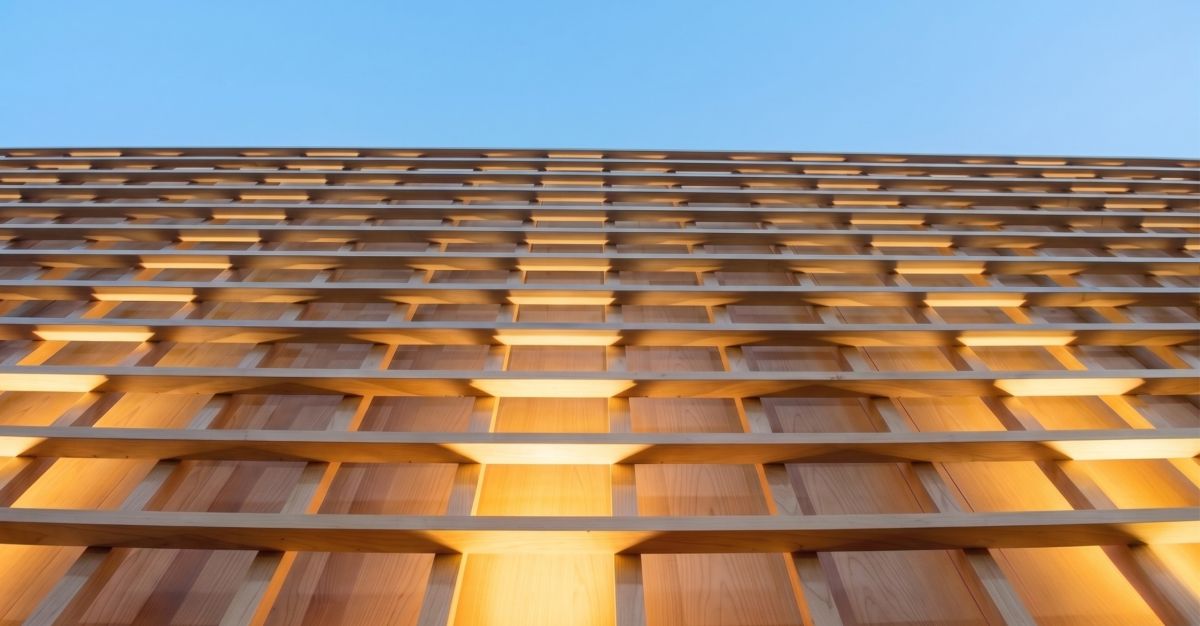 Coated aluminium louvres lit at dusk