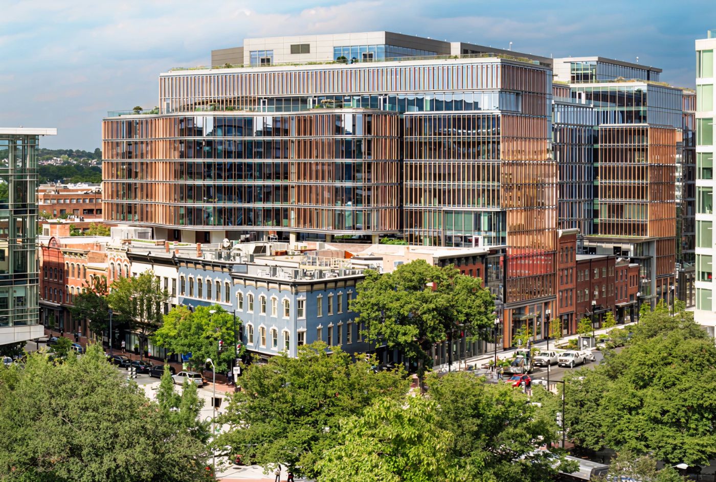 Coated facade on a mixed-use development